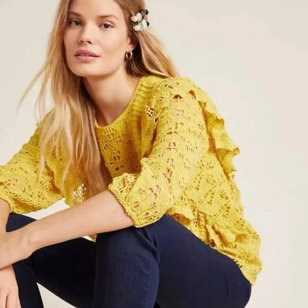 Anthropologie Clementine Blouse Eyelet Ruffle Pullover Puffed Sleeve Top Size 8